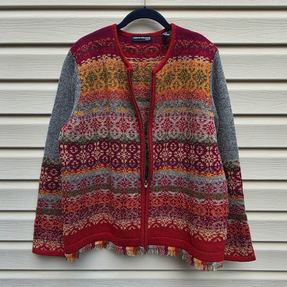 VTG Nordic Scandinavian Wool Cardigan Womens L Fair Isle Zip Fringe Cottage - Picture 3 of 10